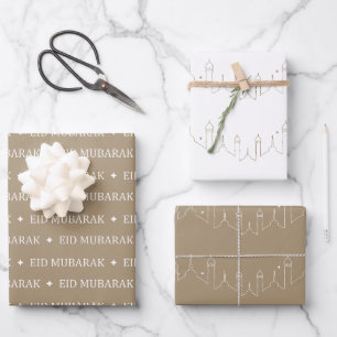 Taupe Eid Mubarak Masjid Pattern Design Wrapping Paper Sheet