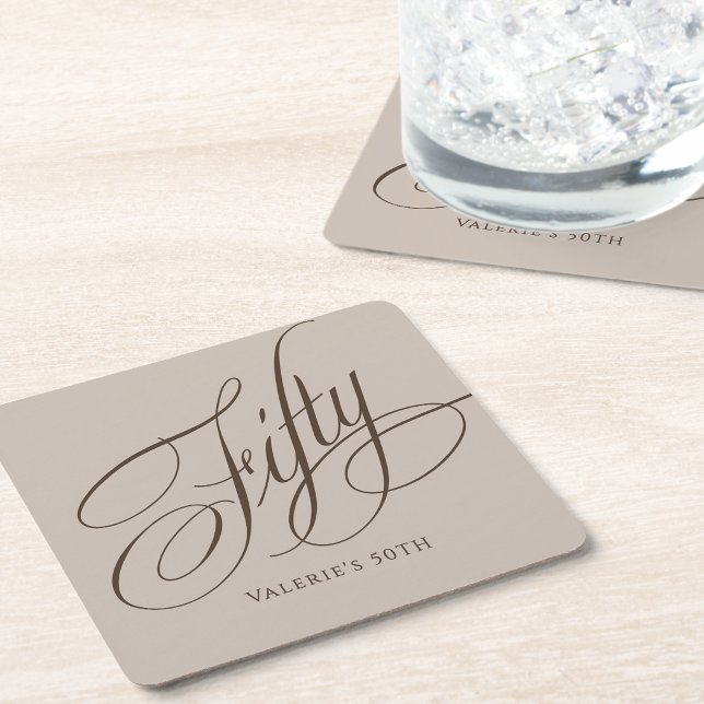 Taupe Espresso Calligraphy Script 50th Birthday Square Paper Coaster (Creator Uploaded)