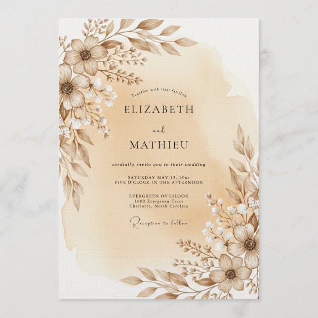 Taupe Ethereal Floral Wedding Invitation (Front)