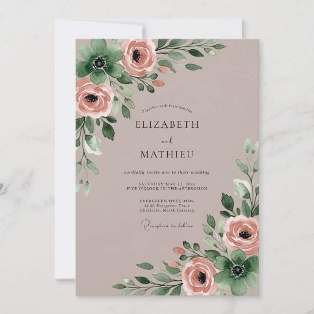 Taupe Exquisite Watercolor Wedding Invitation (Front)