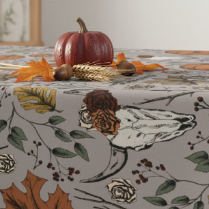 Taupe Fall Harvest & Cow Skull Bull Head Floral Tablecloth