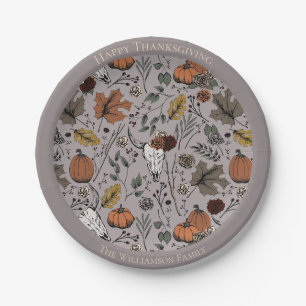 Taupe Fall Harvest Cow Skull Thanksgiving Paper Plate