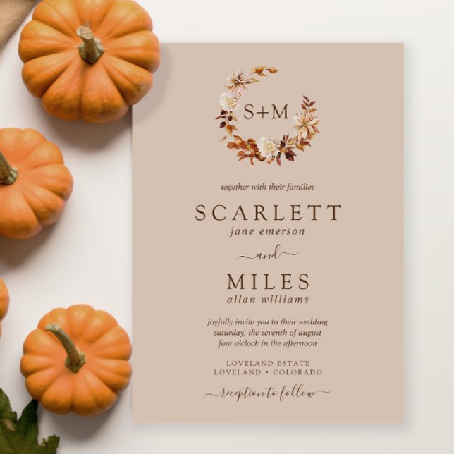 Taupe Fall Terracotta Monogram Wreath Wedding Invitation (Taupe Fall Terracotta Monogram Wreath Wedding Invitation by Painted Paperie
)