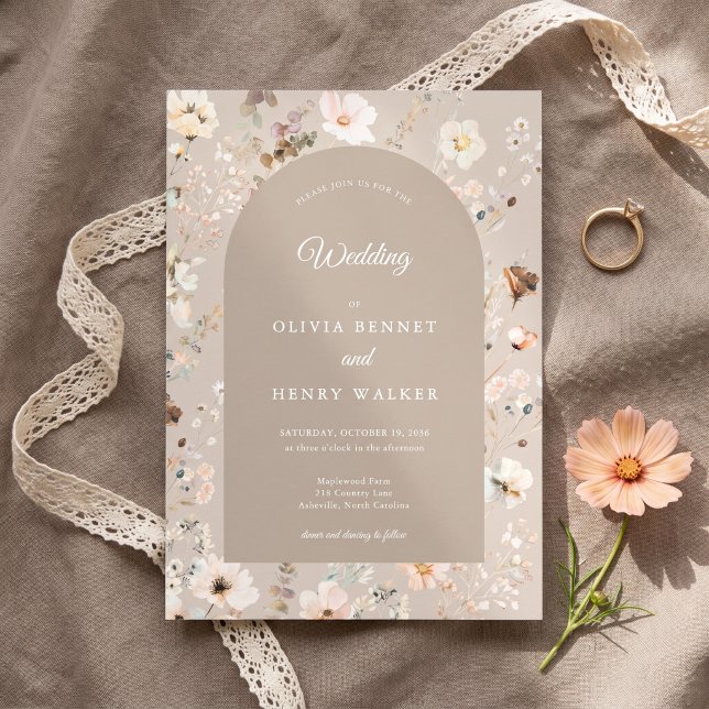 Taupe Fall Wildflower Rustic Boho Floral Wedding Invitation (Creator Uploaded)