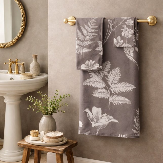 Taupe Ferns Flowers Botanical Pattern Bath Towel Set (Creator Uploaded)