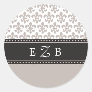 Taupe Fleur de lis Wedding Monogram Sticker. Classic Round Sticker