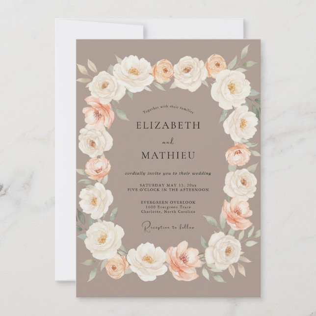 Taupe Floral Romance Wedding Invitation (Front)