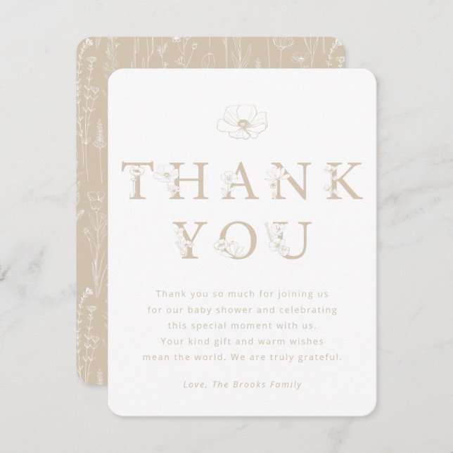 Taupe Floral Thank You Card | Baby Shower (Front/Back)