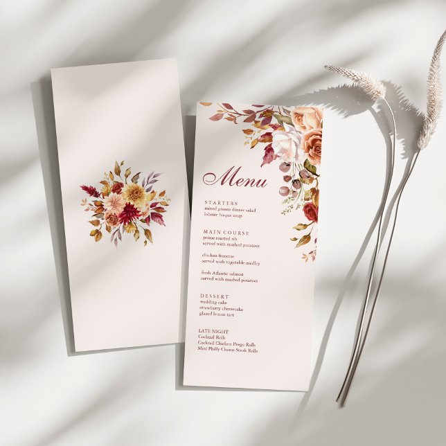 Taupe Floral Wedding Menu Elegant Boho Reception (Boho Modern Burnt Orange Terracotta Floral Wedding Menu on a sunny white table.)