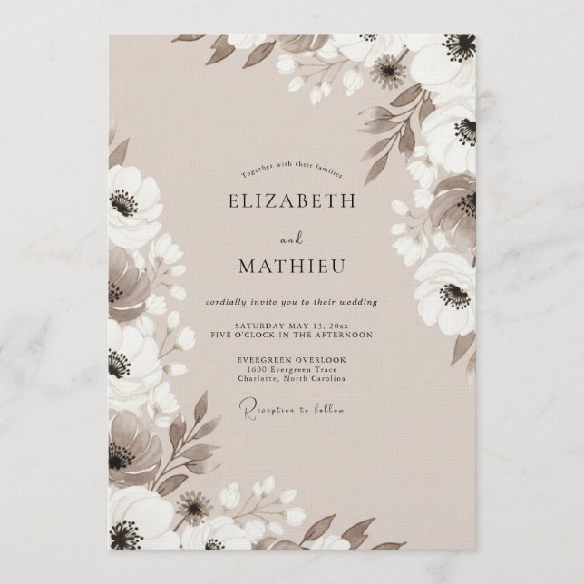 Taupe Floral Whimsy Wedding Invitation (Front)