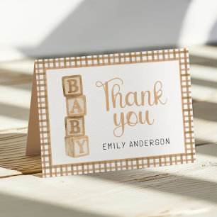 Taupe Gingham Baby Thank You Card   Blocks