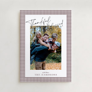 Taupe Gingham Thankful  Blessed Thanksgiving Photo Invitation