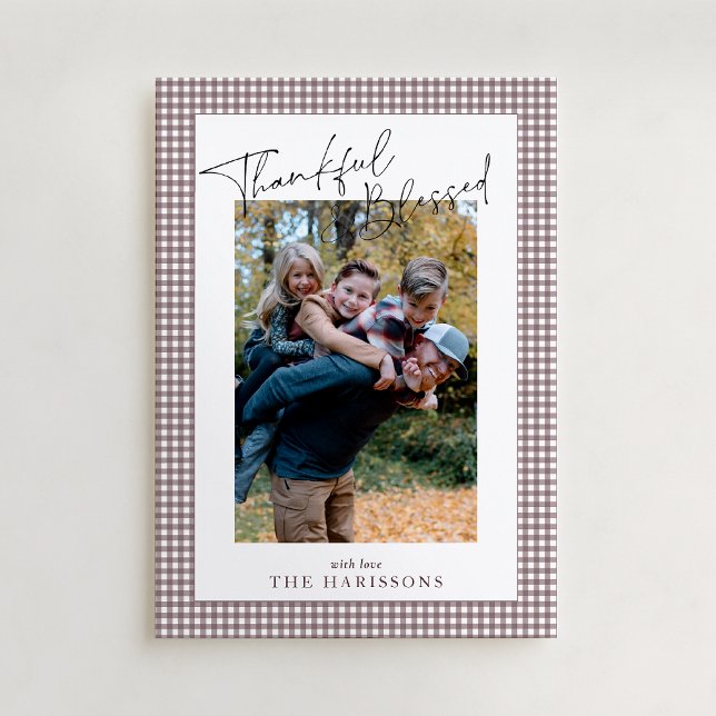 Taupe Gingham Thankful  Blessed Thanksgiving Photo Invitation (Creator Uploaded)