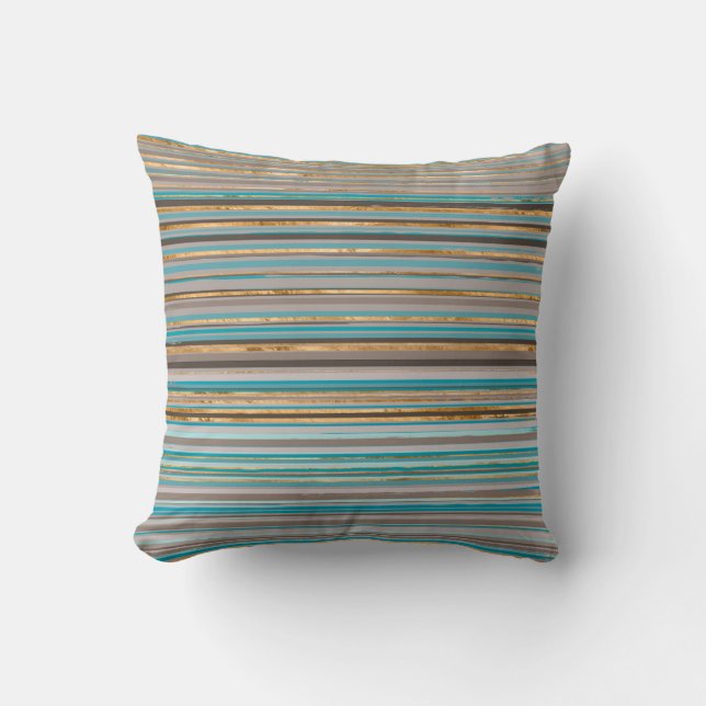 Taupe, gold and teal stripes cushion (Front)
