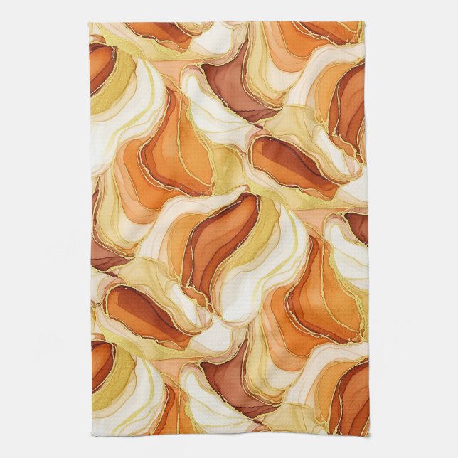 Taupe Gold Fluid Marble Stone Abstract Tea Towel (Vertical)