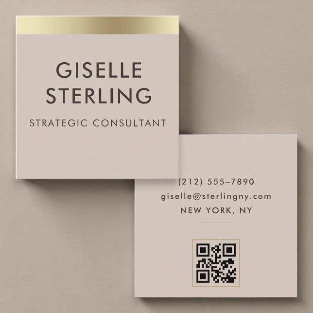 Taupe Gold Metallic QR Code Square Business Card (Creator Uploaded)