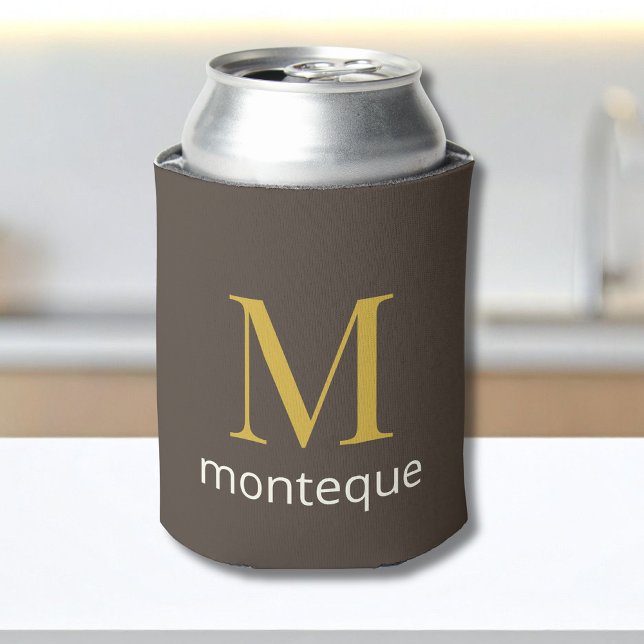 Taupe Gold Monogram Personalised Name Luxury Gift  Can Cooler (Creator Uploaded)