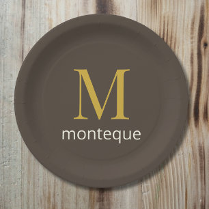 Taupe Gold Monogram Personalised Name Luxury Gift Paper Plate