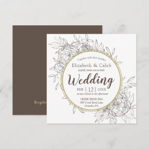 Taupe & Gold Peony Modern Floral Toile Wedding Invitation