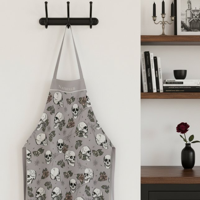 Taupe Gothic Skulls and Roses Custom Name Apron (Gothic Halloween or Dia de los Muertos Floral Skull Apron for Her. Skulls, Roses & Webs Fall Pattern)