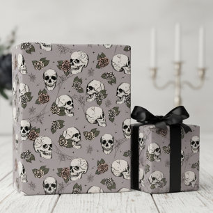 Taupe Gothic Skulls and Roses Floral Wrapping Paper