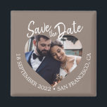 Taupe Gray Photo Modern Script Save the Date Magnet<br><div class="desc">Taupe gray photo modern script save the date magnet featuring a heart-shaped photo window, soft taupe gray background, and hand-lettered script text in white. This design highlights your engagement photo while clearly displaying the wedding date and location in a warm, neutral palette that complements both classic and modern wedding styles....</div>