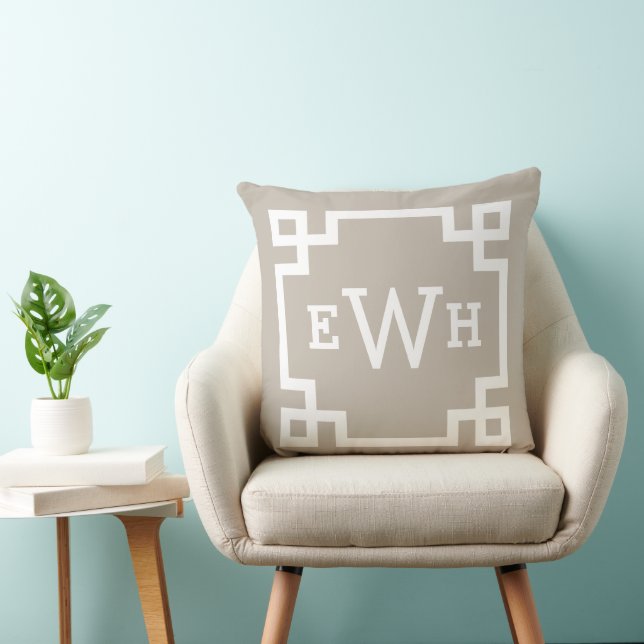 Taupe Greek Key Custom Monogram Initials Cushion (Chair)