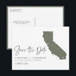 Taupe Green California Map QR Code Save the Date Announcement Postcard<br><div class="desc">Invite your loved ones to your California wedding in a sleek, modern way with this QR Code Save the Date Postcard, featuring a minimalist silhouette of the California state map. Whether you’re planning a glamourous Los Angeles celebration, a scenic Napa Valley wedding, or a coastal ceremony along California’s beautiful beaches,...</div>
