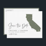 Taupe Green California Map QR Code Save the Date Announcement Postcard<br><div class="desc">Invite your loved ones to your California wedding in a sleek, modern way with this QR Code Save the Date Postcard, featuring a minimalist silhouette of the California state map. Whether you’re planning a glamourous Los Angeles celebration, a scenic Napa Valley wedding, or a coastal ceremony along California’s beautiful beaches,...</div>