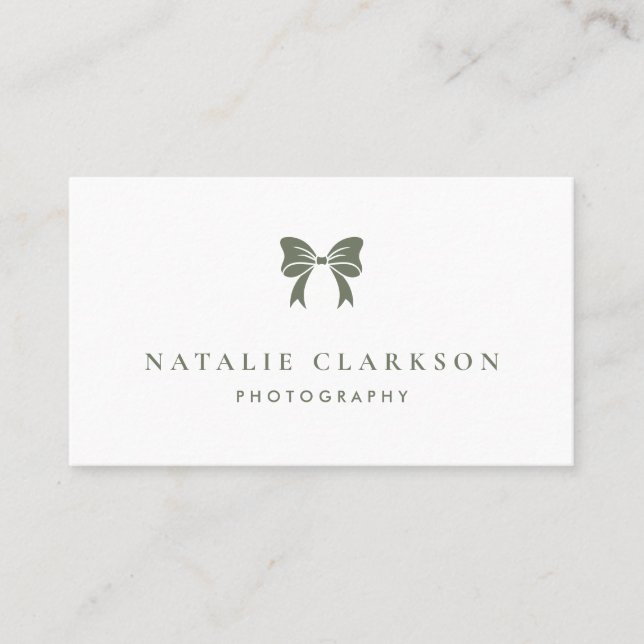 Taupe Green Chic Ribbon Bow Minimalist Business Card (Front)
