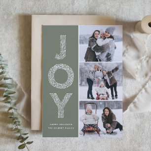 Taupe Green JOY Foliage Lettering Photo Collage Holiday Card