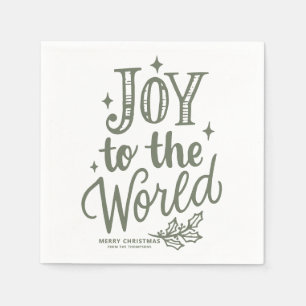 Taupe Green Joy to the World Lettering Christmas Napkin