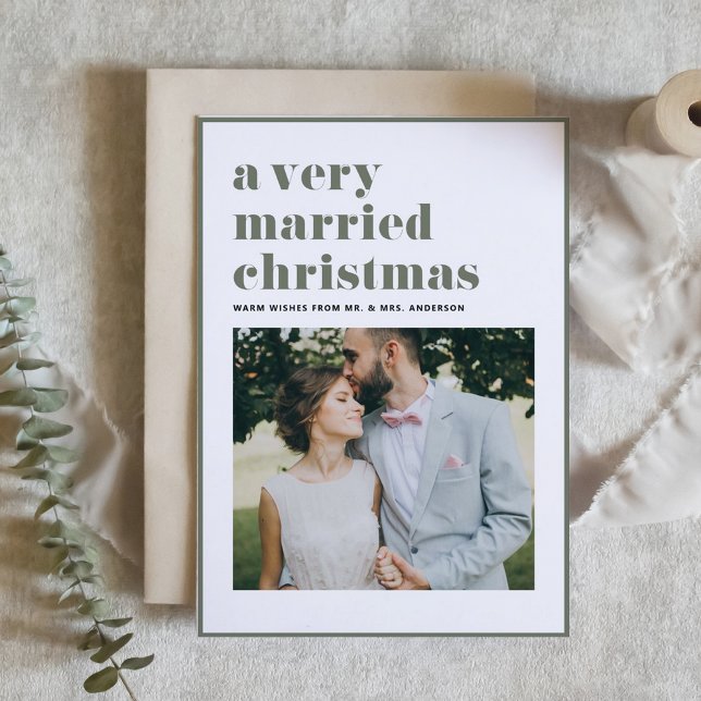 Taupe Green Married Christmas Modern Photo Wedding Holiday Card (Creator Uploaded)