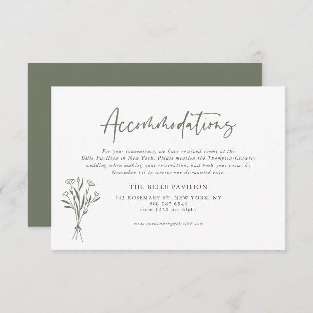 Taupe Green Minimalist Bouquet Accommodations Enclosure Card (Front/Back)