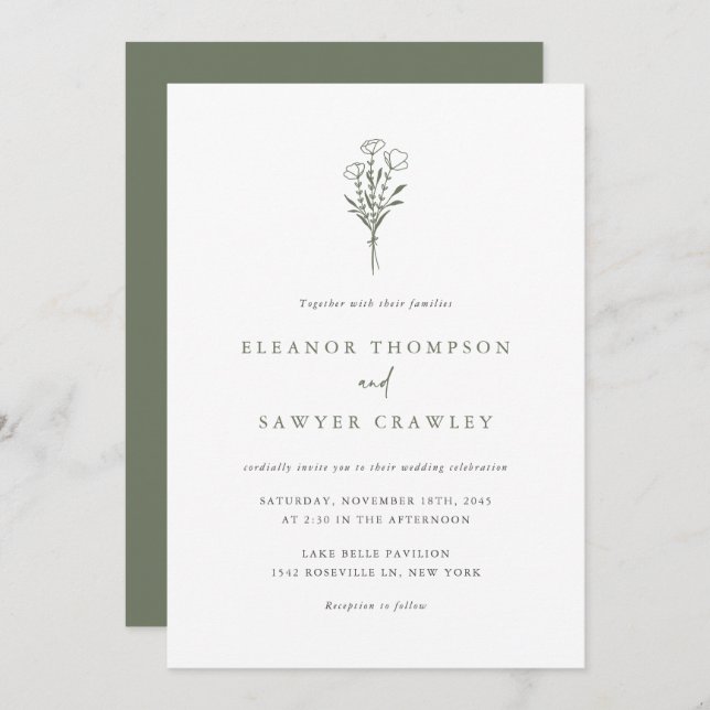 Taupe Green Minimalist Bouquet QR Code Wedding Invitation (Front/Back)