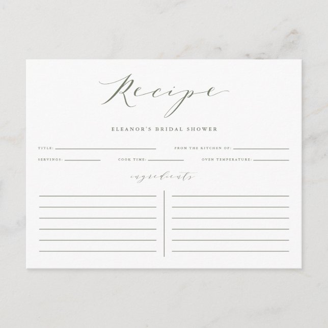 Taupe Green Minimalist Bridal Shower Recipe Card (Front)