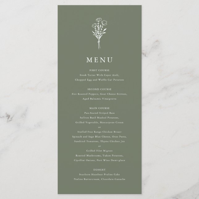 Taupe Green Minimalist Floral Bouquet Wedding Menu (Front)