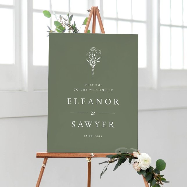 Taupe Green Minimalist Floral Bouquet Wedding Poster (Taupe Green Minimalist Floral Bouquet Wedding Welcome Sign)