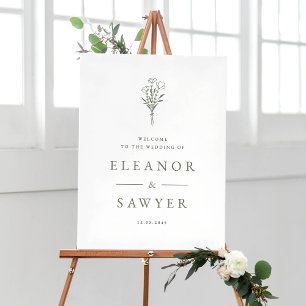 Taupe Green Minimalist Floral Bouquet Wedding Poster