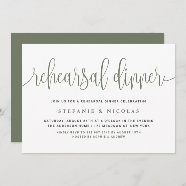 Taupe Green Pretty Calligraphy Rehearsal Dinner Invitation (Front/Back)