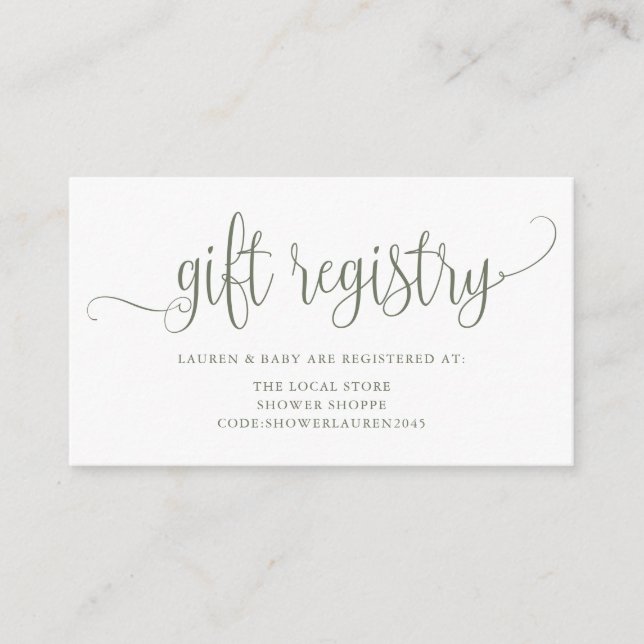 Taupe Green Pretty Script Baby Shower Registry Enclosure Card (Front)