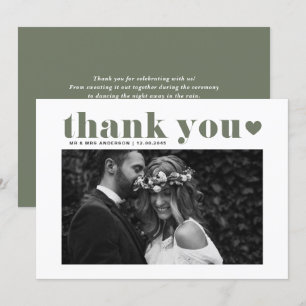 Taupe Green Retro Bold Typography Photo Wedding Thank You Card