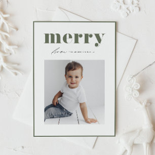 Taupe Green Retro Merry Typography Photo Christmas Holiday Postcard