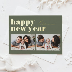Taupe Green Retro Typography Photo Happy New Year Foil Holiday Postcard