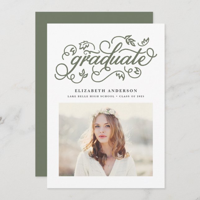 Taupe Green Rustic Calligraphy Photo Graduation Announcement (Front/Back)
