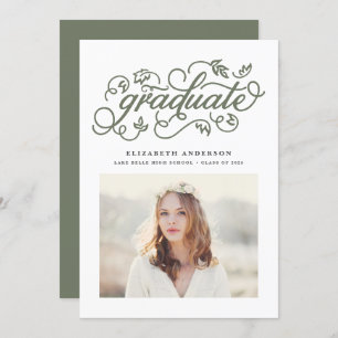 Taupe Green Rustic Calligraphy Photo Graduation Announcement