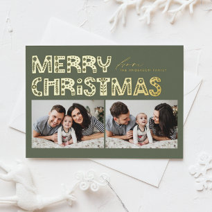 Taupe Green Scandinavian Two Photo Christmas Foil Holiday Postcard