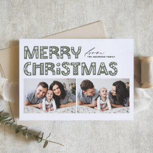 Taupe Green Scandinavian Two Photo Christmas Holiday Card