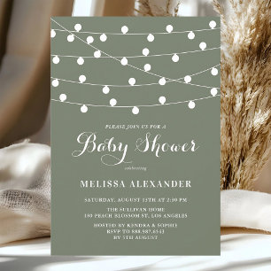 Taupe Green String Lights Gender Neutral Baby Invitation