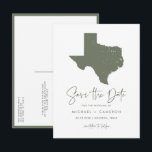 Taupe Green Texas State Map QR Code Save the Date Announcement Postcard<br><div class="desc">Invite your guests to your Texas wedding with this QR Code Save the Date Postcard, showcasing a sleek silhouette of the Lone Star State. Perfect for couples hosting weddings in Texas, whether in vibrant cities like Austin, Dallas, or Houston, or a charming country or ranch setting, this modern design embodies...</div>